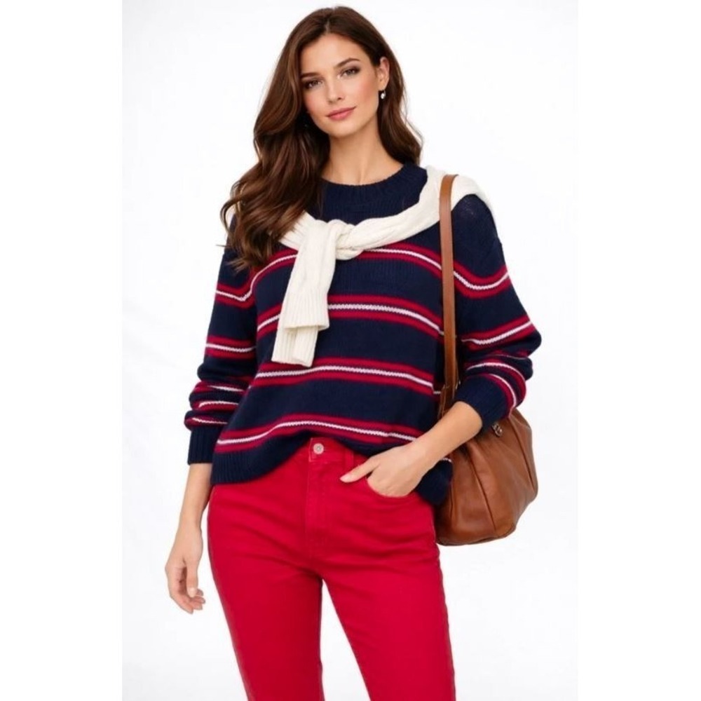 Cotton Emporium Women's Long Sleeve Varsity Stripe Crew PulloverSweater Navy